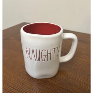 Rae Dunn NAUGHTY NICE Mug, w/ White Exterior Red Interior, Magenta M Mark